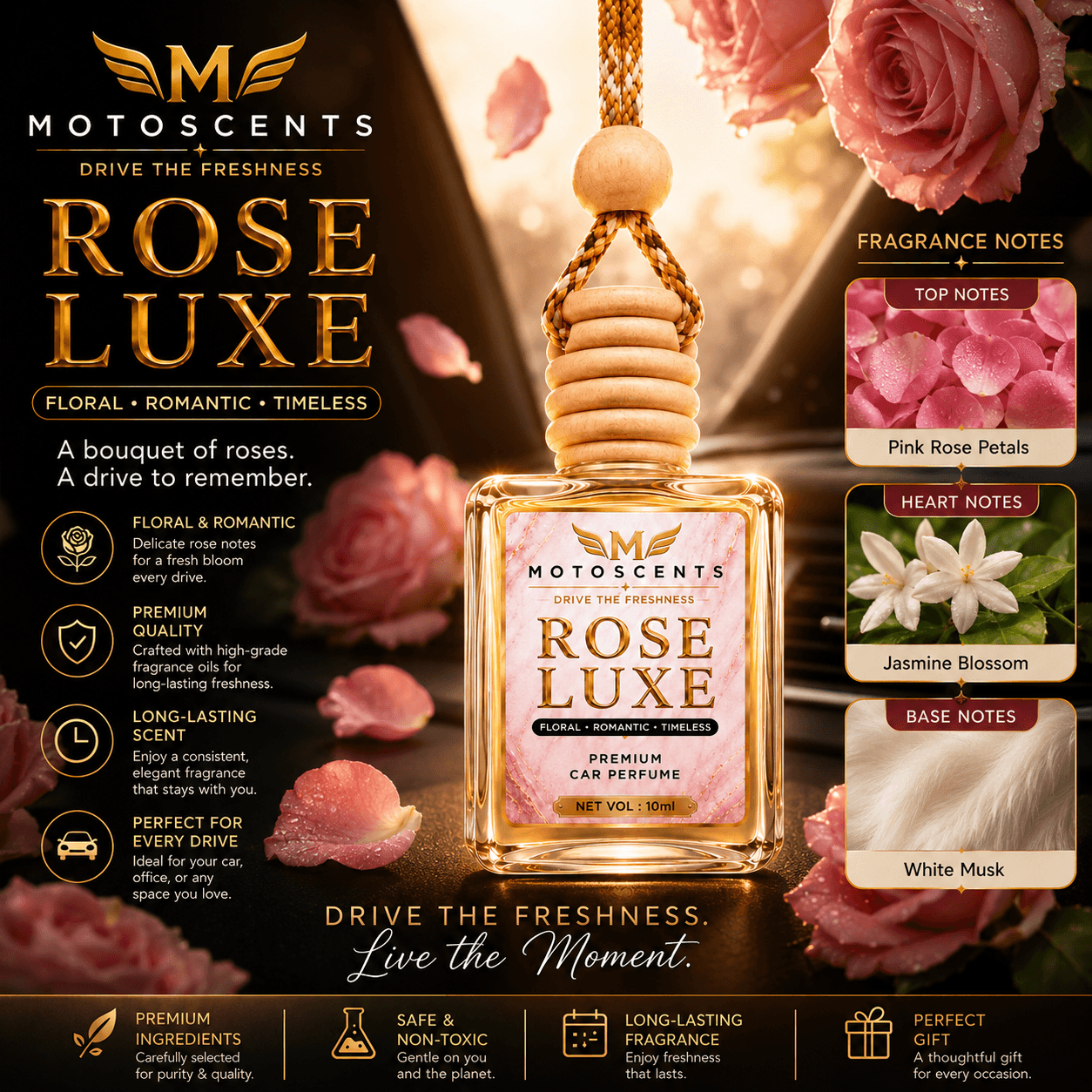 Rose Luxe Fresh Car Perfume – Premium car perfume by MotoScents